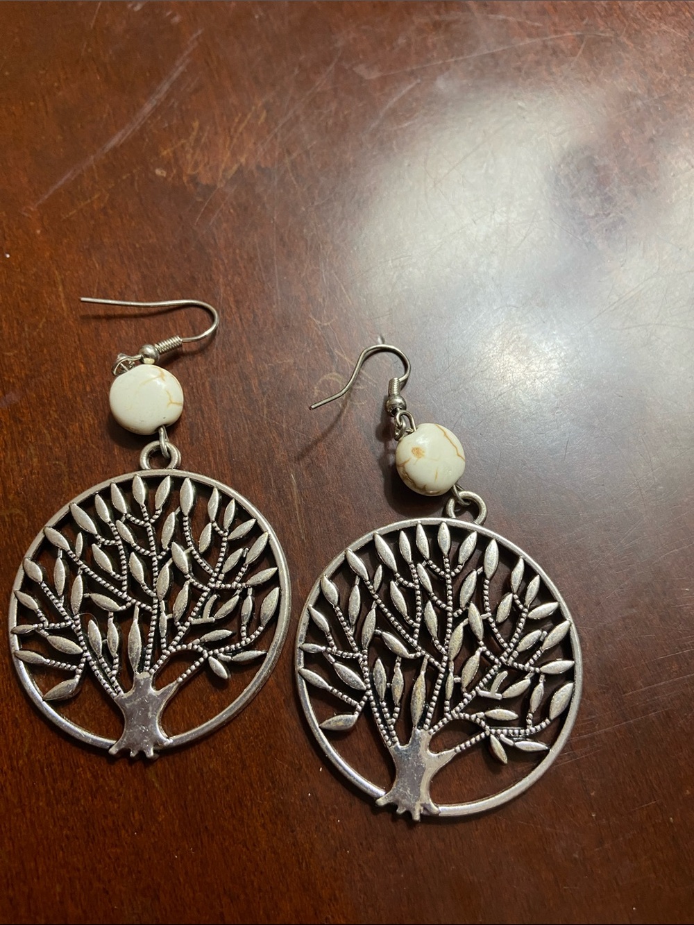Silver Tree of Life Drop Earrings with White Bead